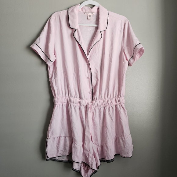 Victorias Secret Satin Ruffle Light Pink Pajama Romper One Piece Tie Waist - Picture 2 of 7